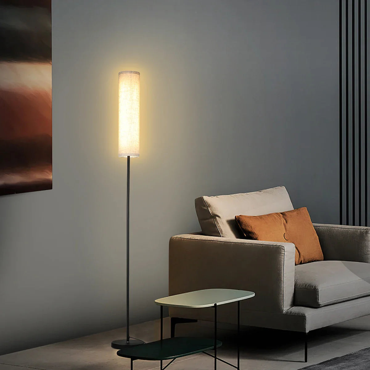 Lampa Podłogowa Skandynawska z Abażurem Cylindrycznym i Pilotem Zdalnego Sterowania