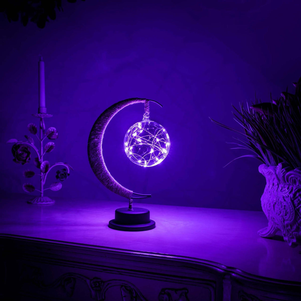 Lampa Stołowa Boho z Półksiężycem i Szklaną Kulą z Lampkami