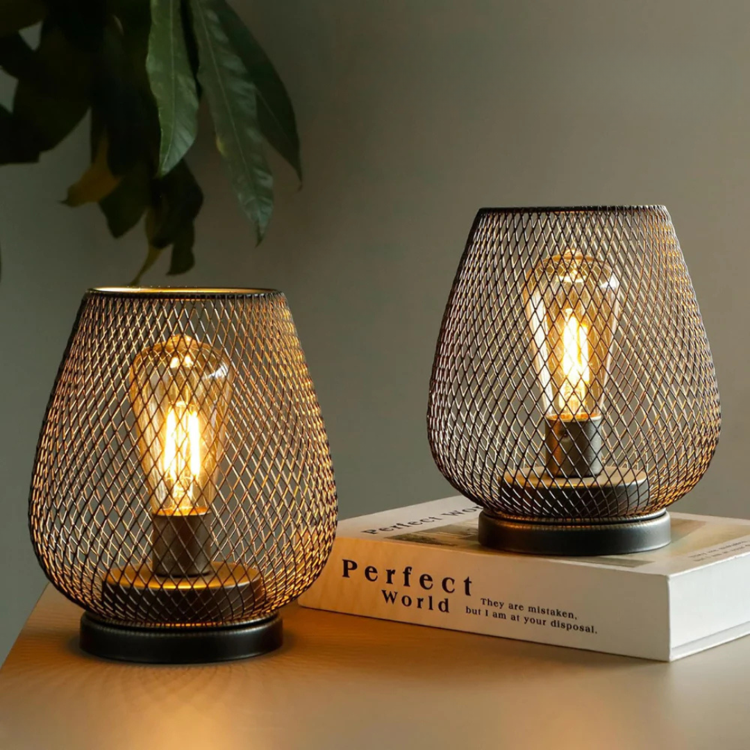 Lampa Stołowa Industrialna Bezprzewodowa z Metalową Siatką i Ściemniaczem