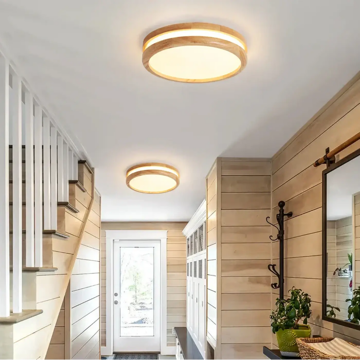 Lampa Sufitowa Skandynawska Okrągła z Drewnianą Ramą