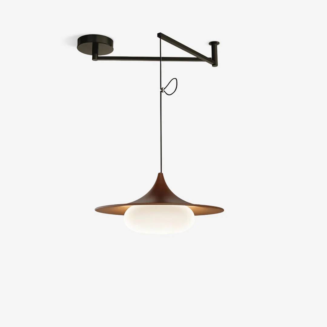 Lampa Wisząca Modernistyczna z Ruchomym Ramieniem i Kloszem ze Szkła Mlecznego