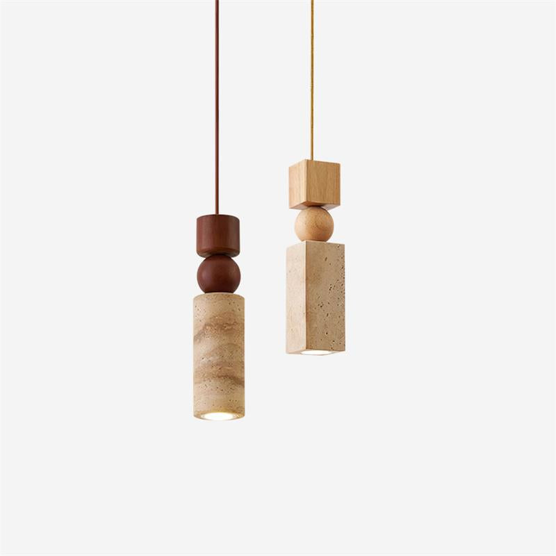 Lampa Wisząca Skandynawska z Drewnem i Trawertynem