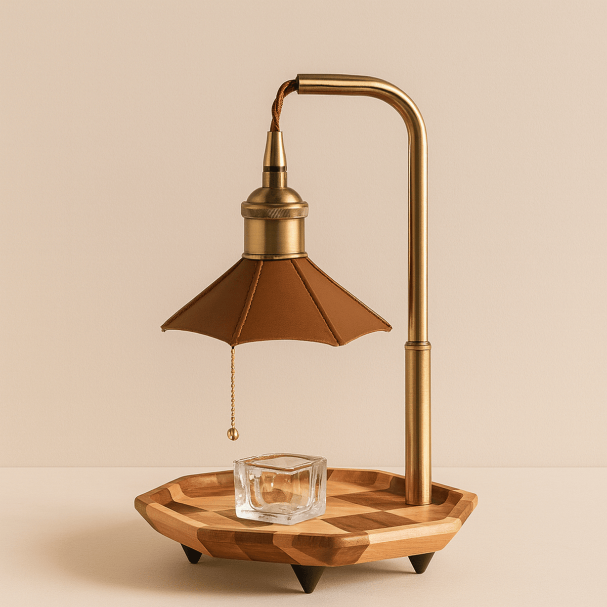Lampka do Podgrzewania Świec Retro z Drewnianą Tacą i Łańcuszkowym Włącznikiem