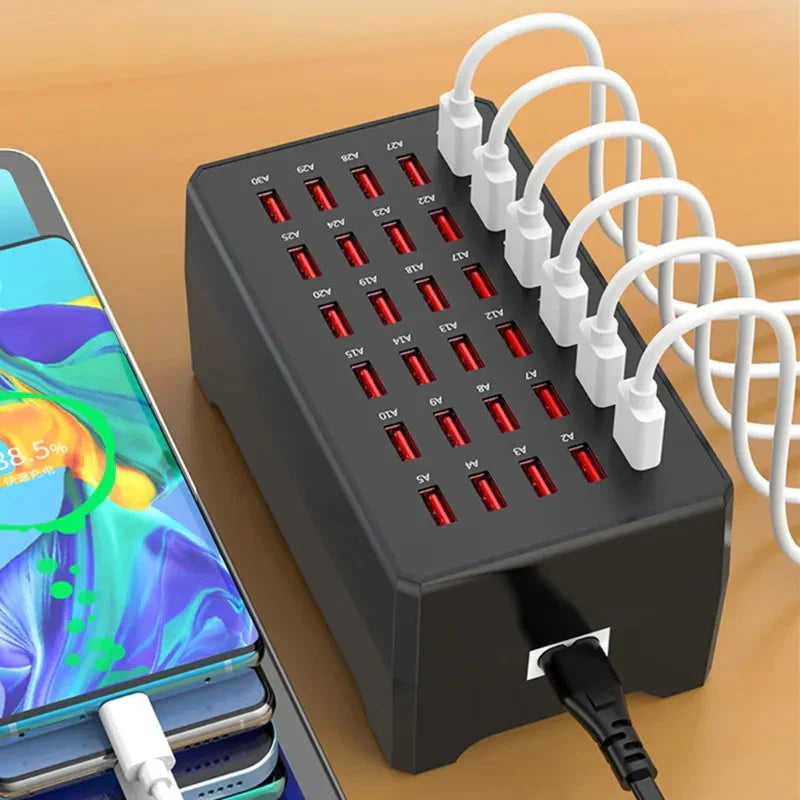 Stacja Ładowania USB 30 Portów z Wyświetlaczem LED i Kablami