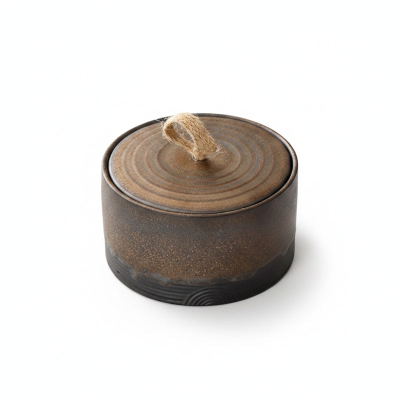Ceramiczny Pojemnik z Pokrywką i Uchwytem z Juty w Stylu Wabi-Sabi ##POS:1##