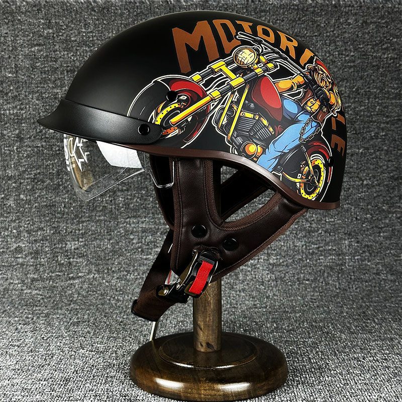 Kask Motocyklowy Otwarty Retro z Wizjerem i Szybkim Zapięciem