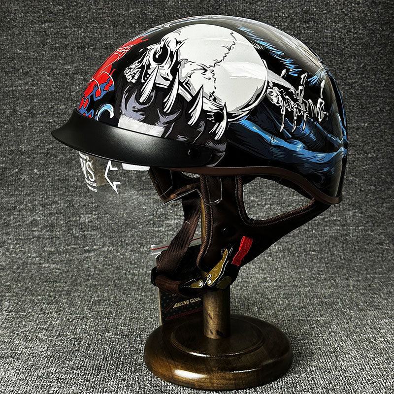 Kask Motocyklowy Otwarty Retro z Wizjerem i Szybkim Zapięciem