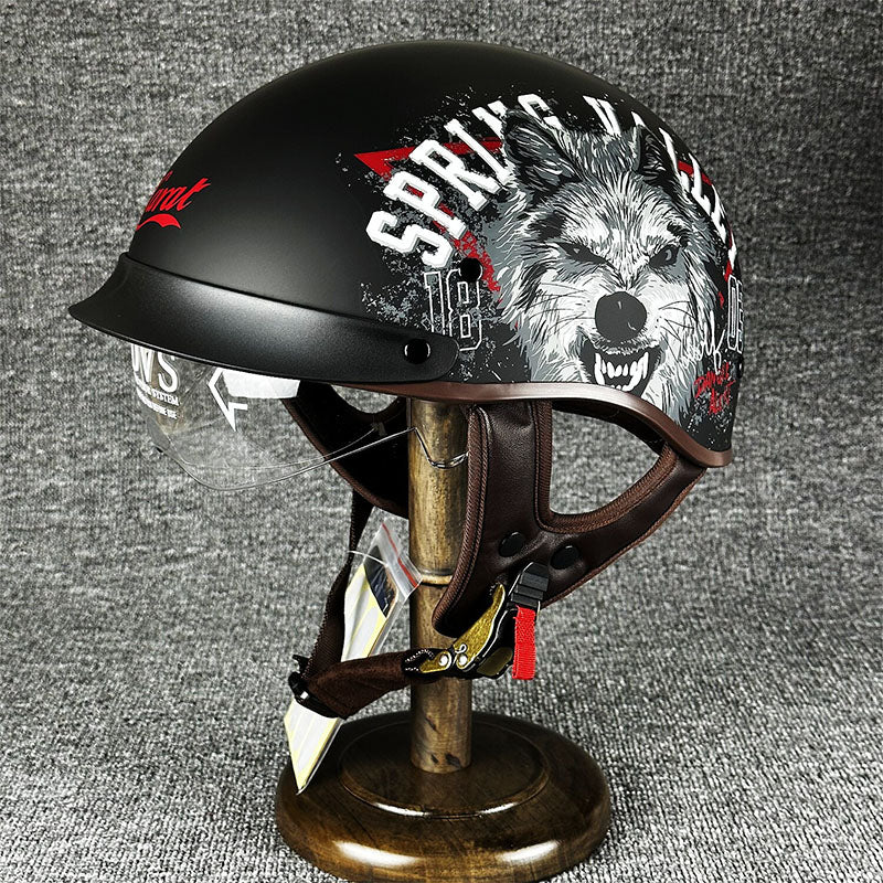 Kask Motocyklowy Otwarty Retro z Wizjerem i Szybkim Zapięciem