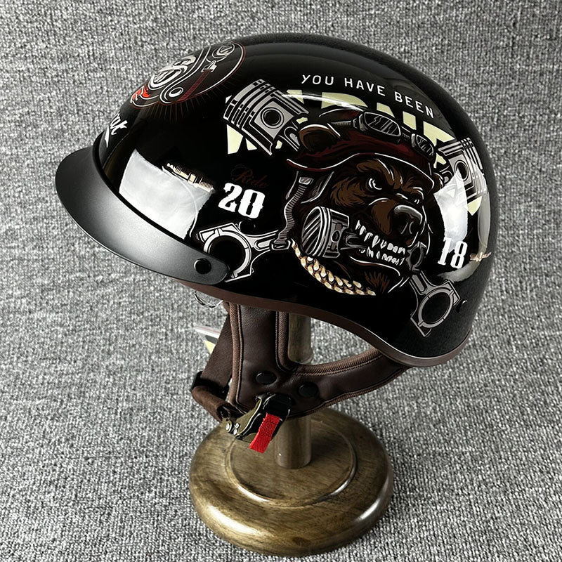 Kask Motocyklowy Otwarty Retro z Wizjerem i Szybkim Zapięciem