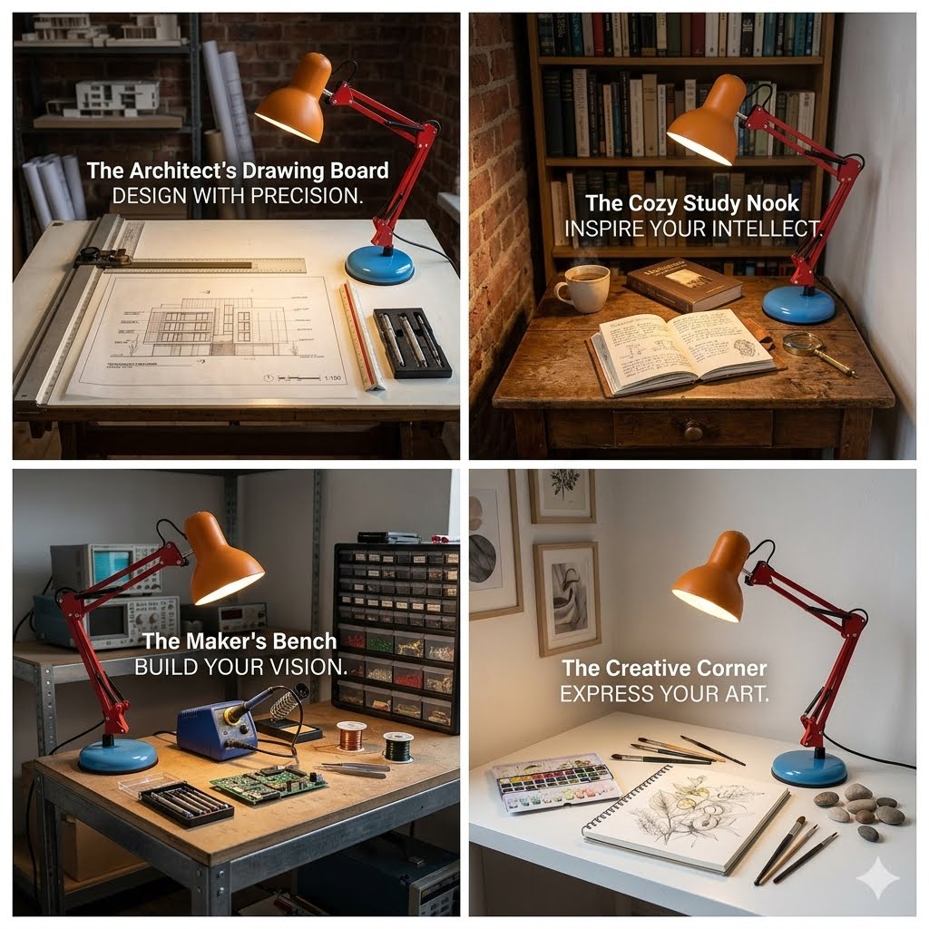 Lampa Biurkowa Retro z Regulowanym Ramieniem i Okrągłą Podstawą