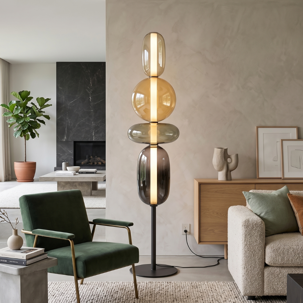 Lampa Podłogowa Art Deco ze Szklanymi Kloszami w Kształcie Kamieni