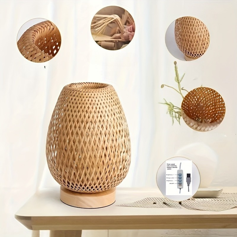 Lampa Stołowa Boho z Bambusowym Kloszem i Regulacją Jasności