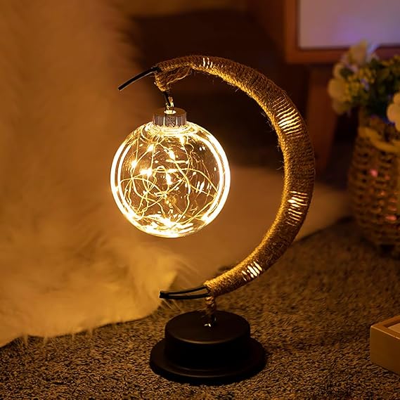 Lampa Stołowa Boho z Półksiężycem i Szklaną Kulą z Lampkami
