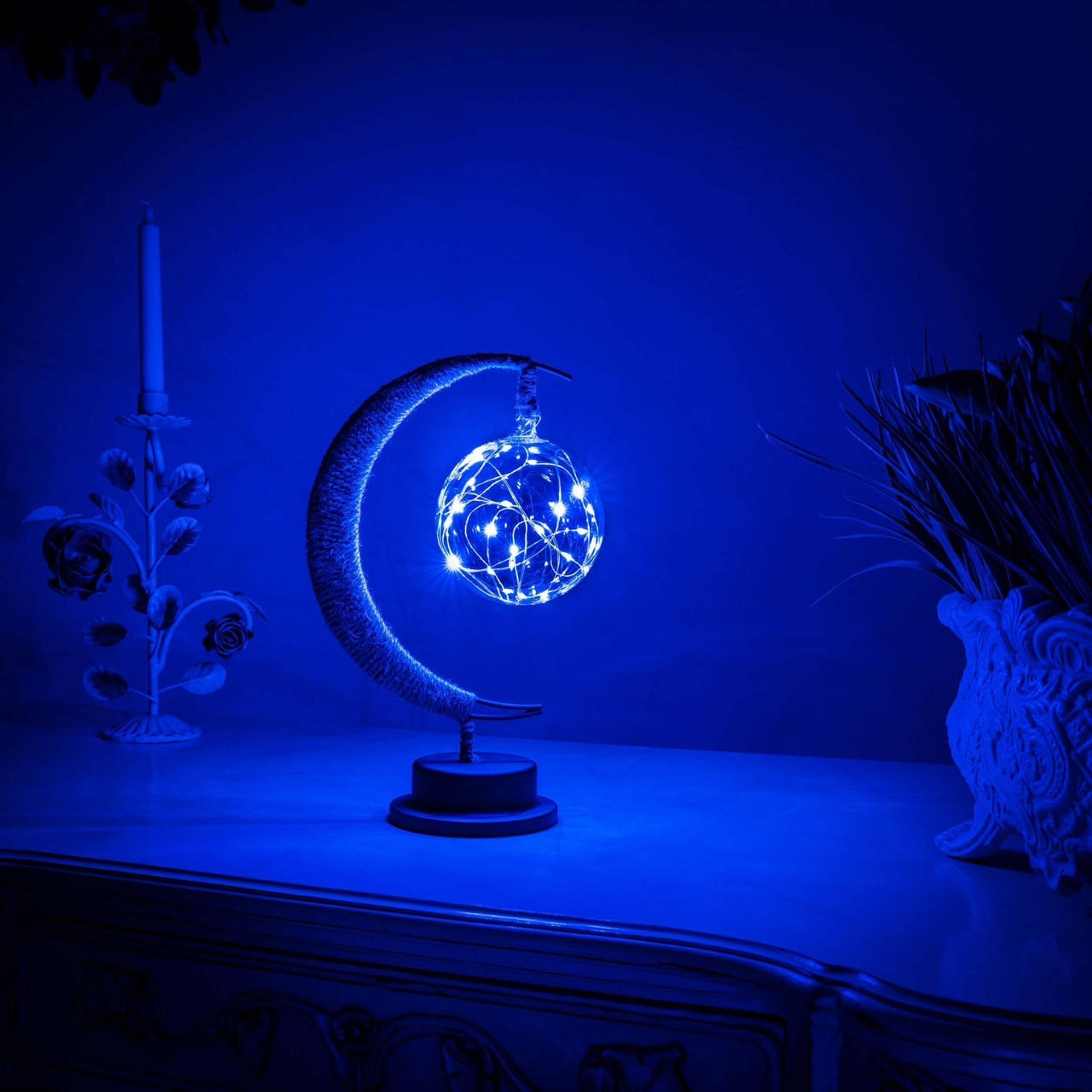 Lampa Stołowa Boho z Półksiężycem i Szklaną Kulą z Lampkami