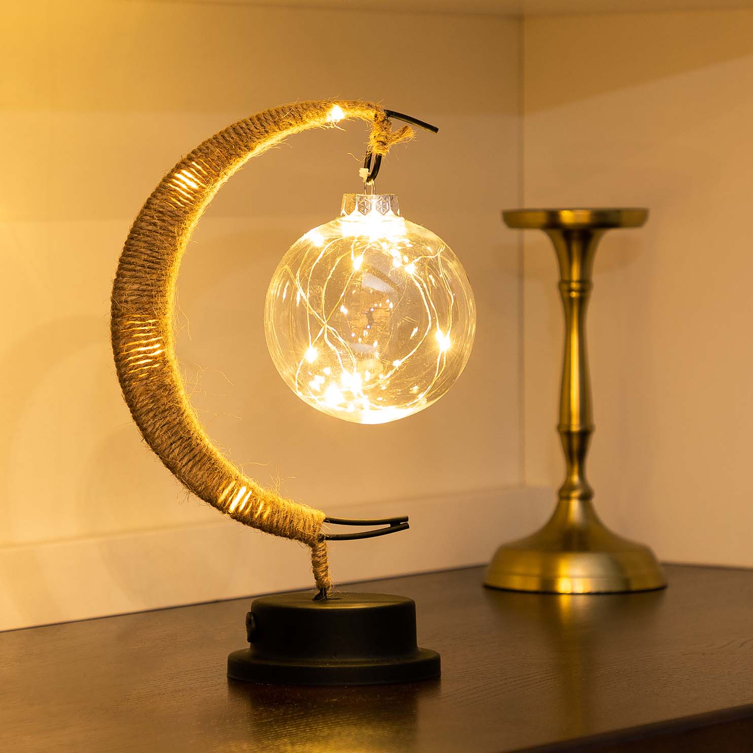 Lampa Stołowa Boho z Półksiężycem i Szklaną Kulą z Lampkami