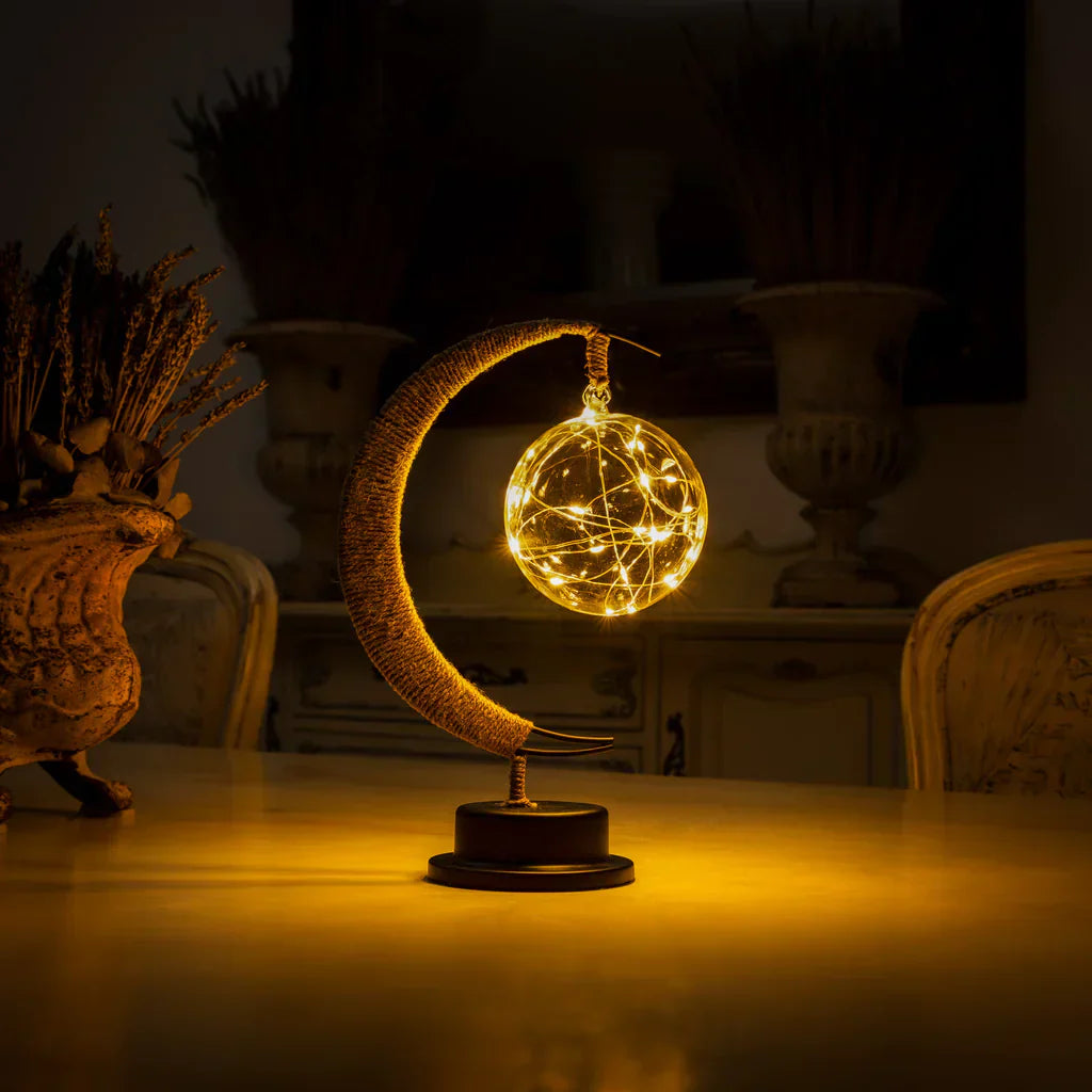 Lampa Stołowa Boho z Półksiężycem i Szklaną Kulą z Lampkami