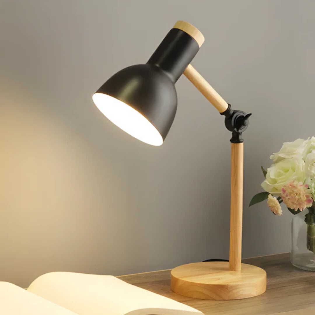 Lampa Stołowa Skandynawska z Regulowanym Kloszem i Drewnianą Podstawą