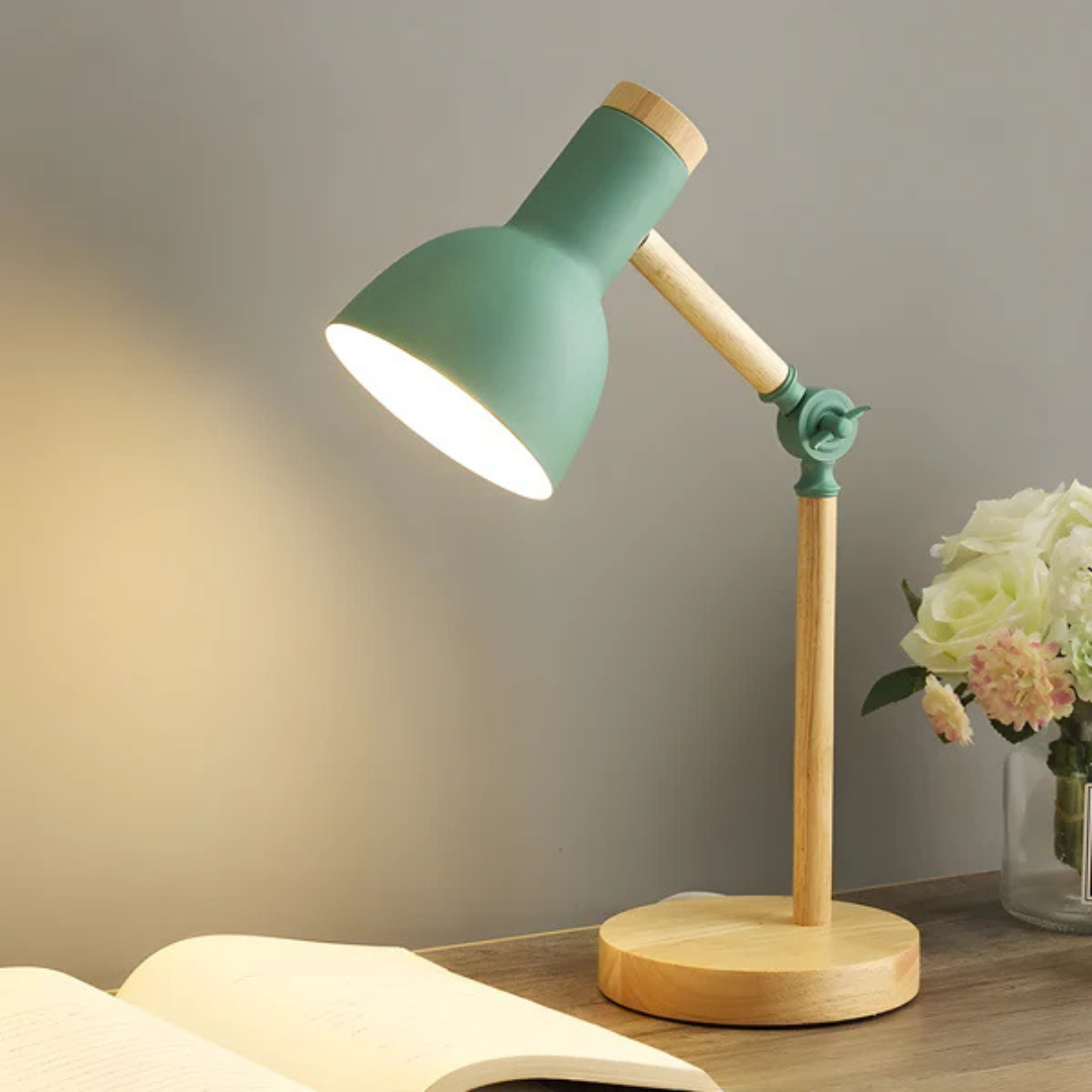 Lampa Stołowa Skandynawska z Regulowanym Kloszem i Drewnianą Podstawą