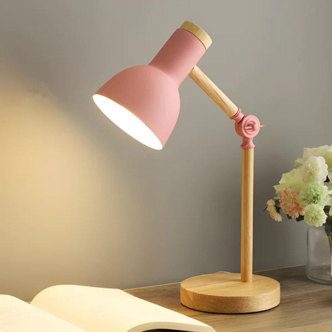 Lampa Stołowa Skandynawska z Regulowanym Kloszem i Drewnianą Podstawą
