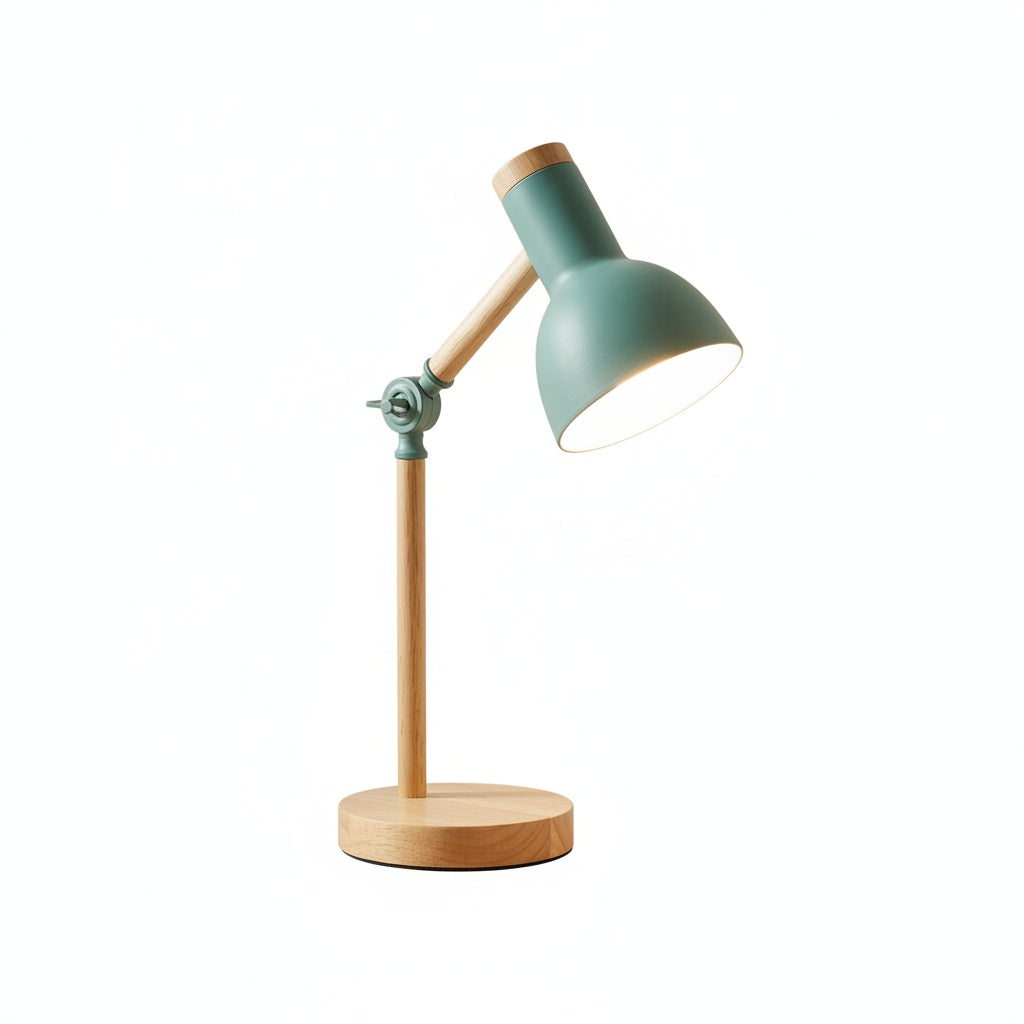 Lampa Stołowa Skandynawska z Regulowanym Ramieniem i Drewnianą Podstawą