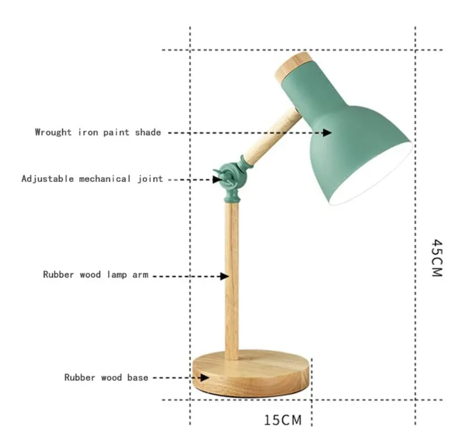 Lampa Stołowa Skandynawska z Regulowanym Ramieniem i Drewnianą Podstawą