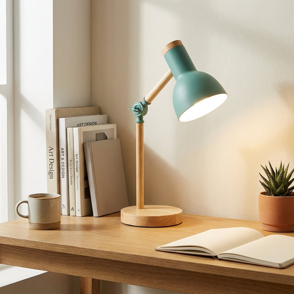 Lampa Stołowa Skandynawska z Regulowanym Ramieniem i Drewnianą Podstawą