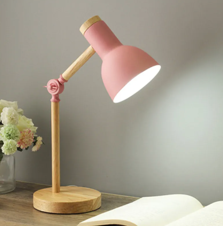Lampa Stołowa Skandynawska z Regulowanym Ramieniem i Drewnianą Podstawą