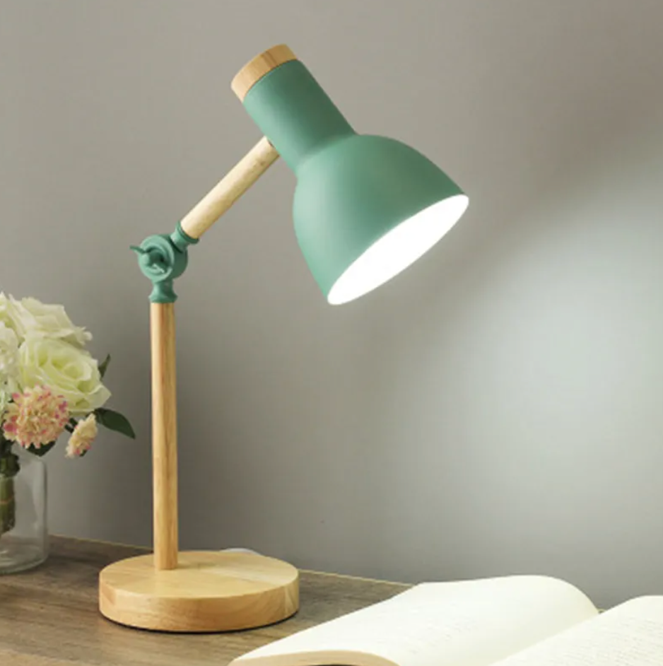 Lampa Stołowa Skandynawska z Regulowanym Ramieniem i Drewnianą Podstawą