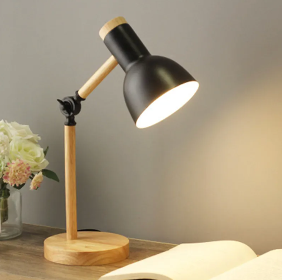 Lampa Stołowa Skandynawska z Regulowanym Ramieniem i Drewnianą Podstawą
