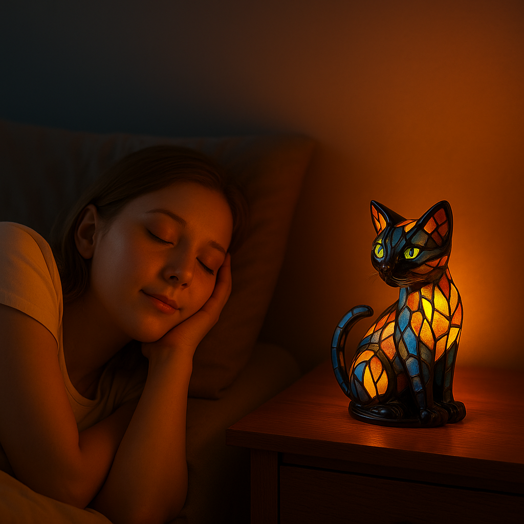Lampa Stołowa Tiffany w Kształcie Kota z Witrażowym Wzorem