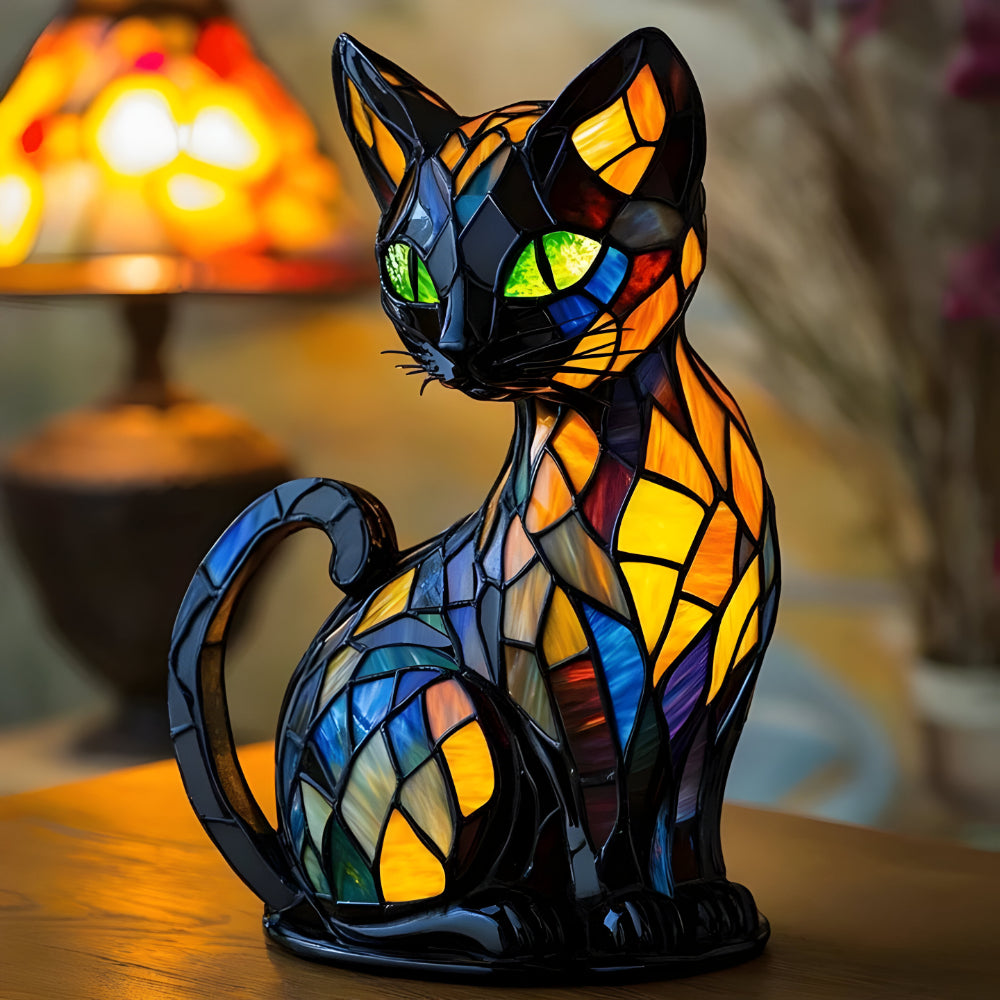 Lampa Stołowa Tiffany w Kształcie Kota z Witrażowym Wzorem
