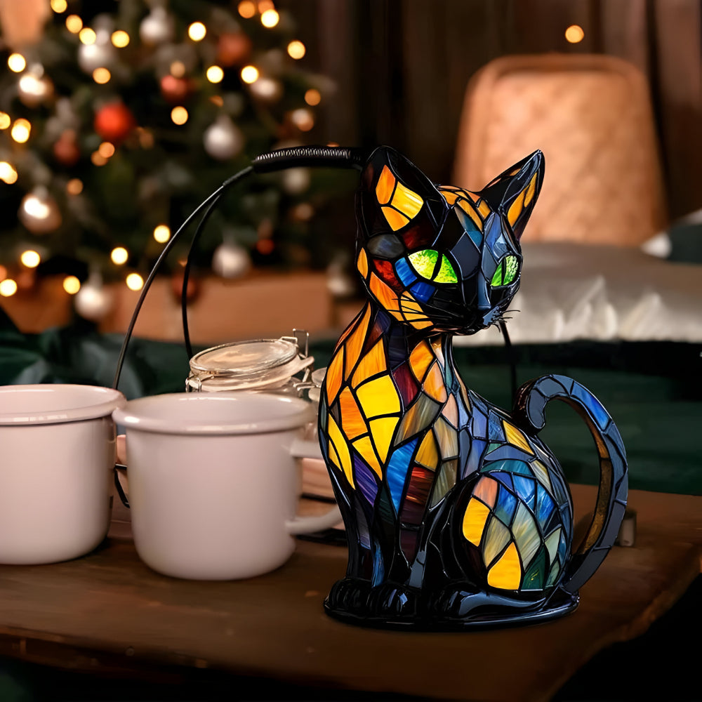 Lampa Stołowa Tiffany w Kształcie Kota z Witrażowym Wzorem