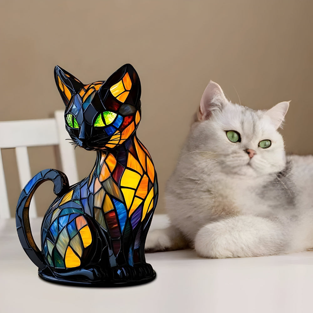 Lampa Stołowa Tiffany w Kształcie Kota z Witrażowym Wzorem