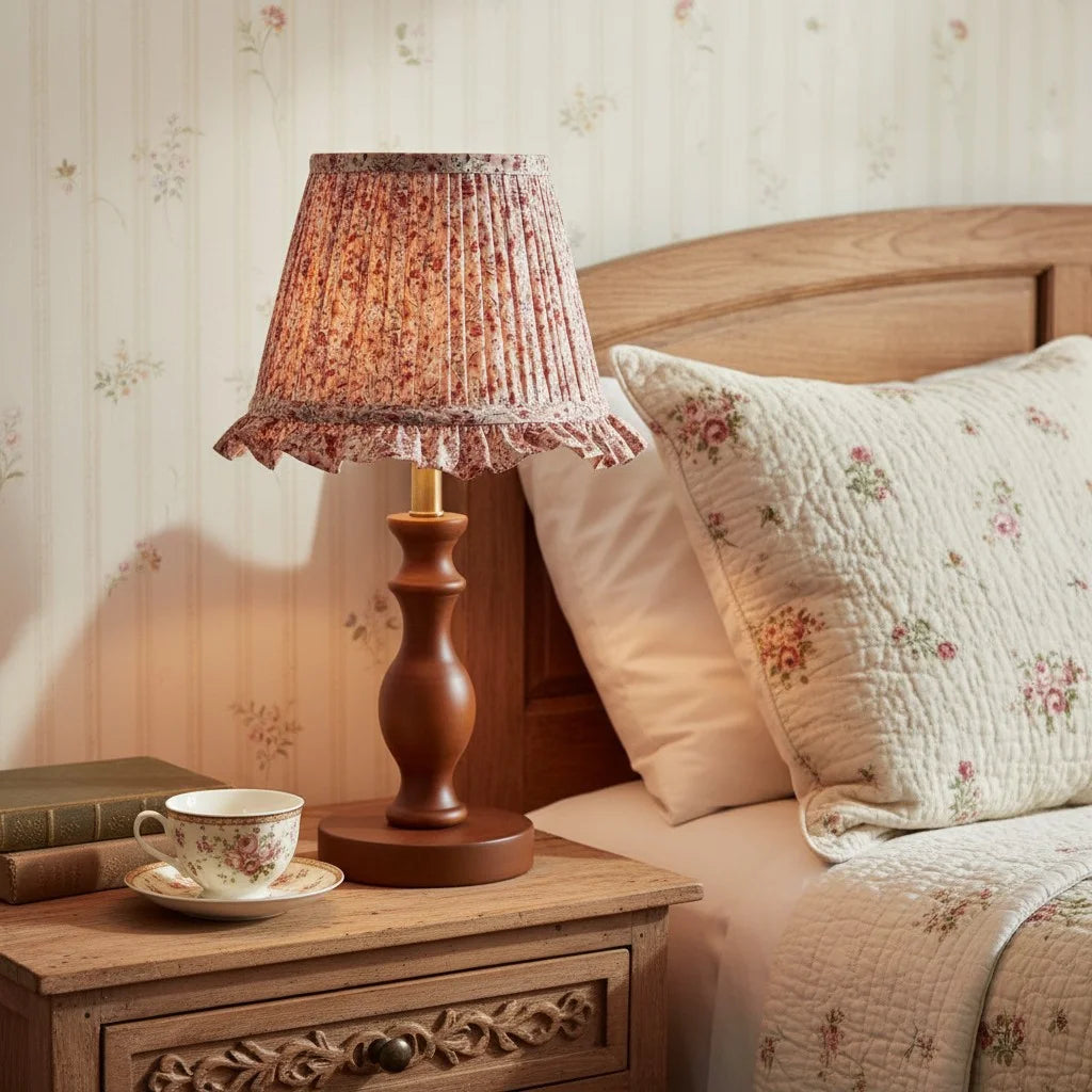 Lampa Stołowa Vintage z Plisowanym Kloszem w Kwiaty na Toczonej Podstawie
