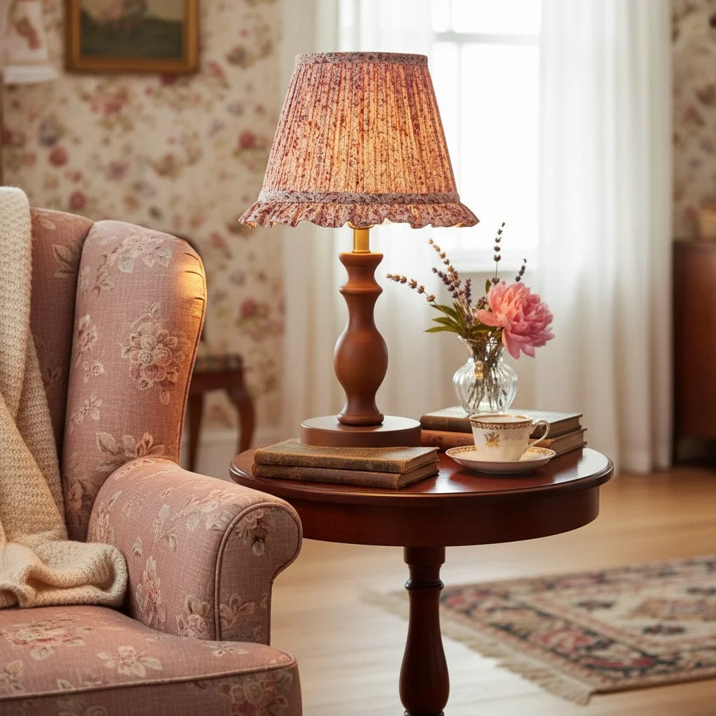 Lampa Stołowa Vintage z Plisowanym Kloszem w Kwiaty na Toczonej Podstawie