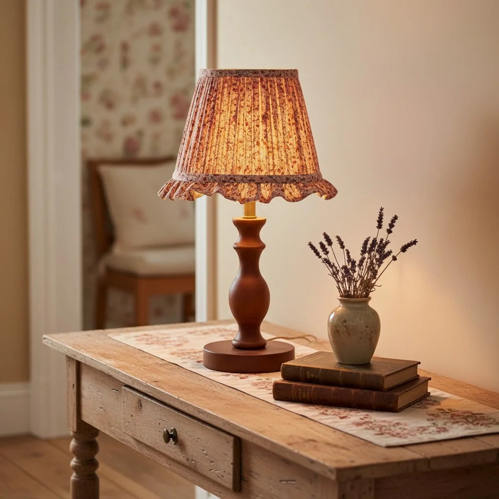 Lampa Stołowa Vintage z Plisowanym Kloszem w Kwiaty na Toczonej Podstawie