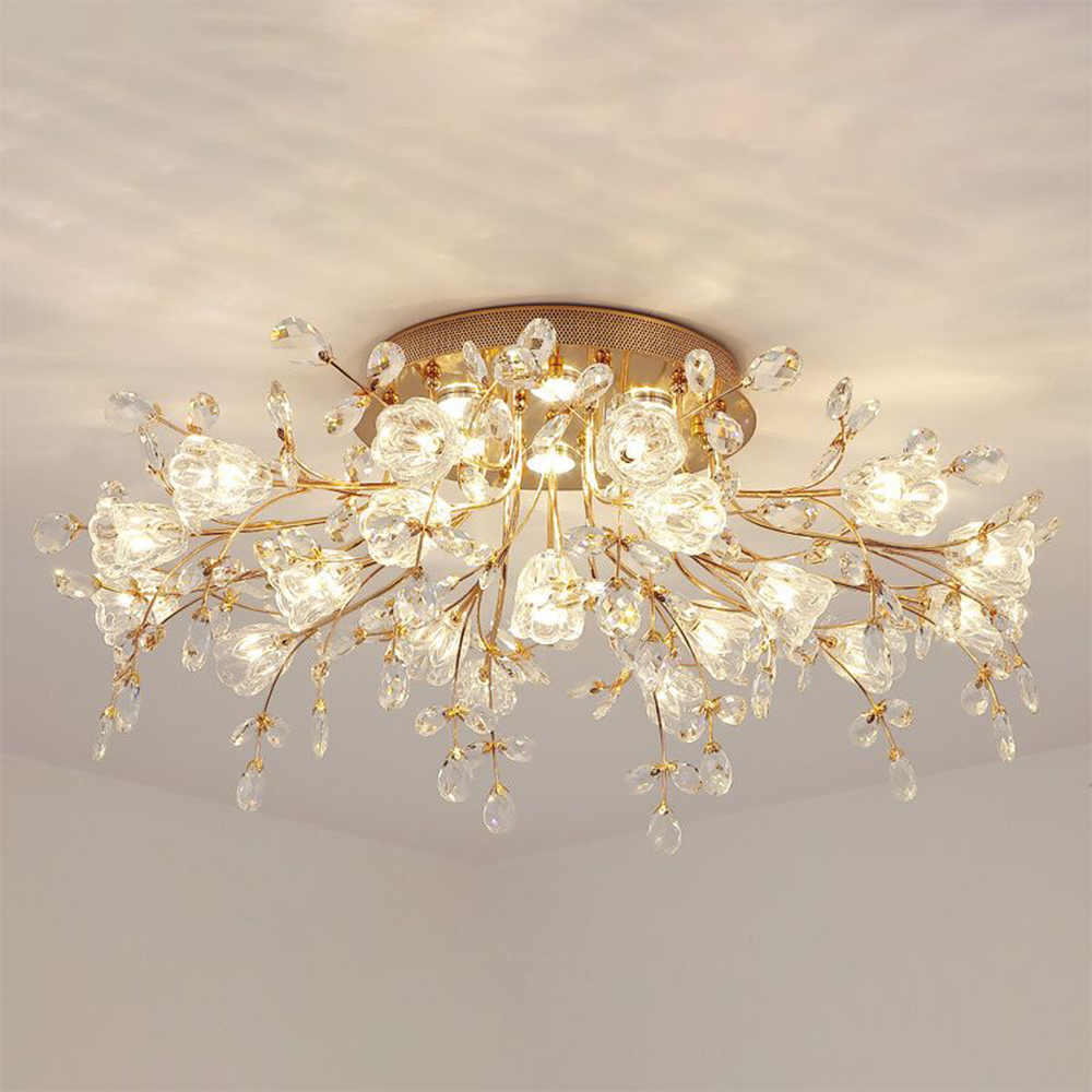 Lampa Sufitowa Art Deco z Kryształami i Kwiatowym Wzorem