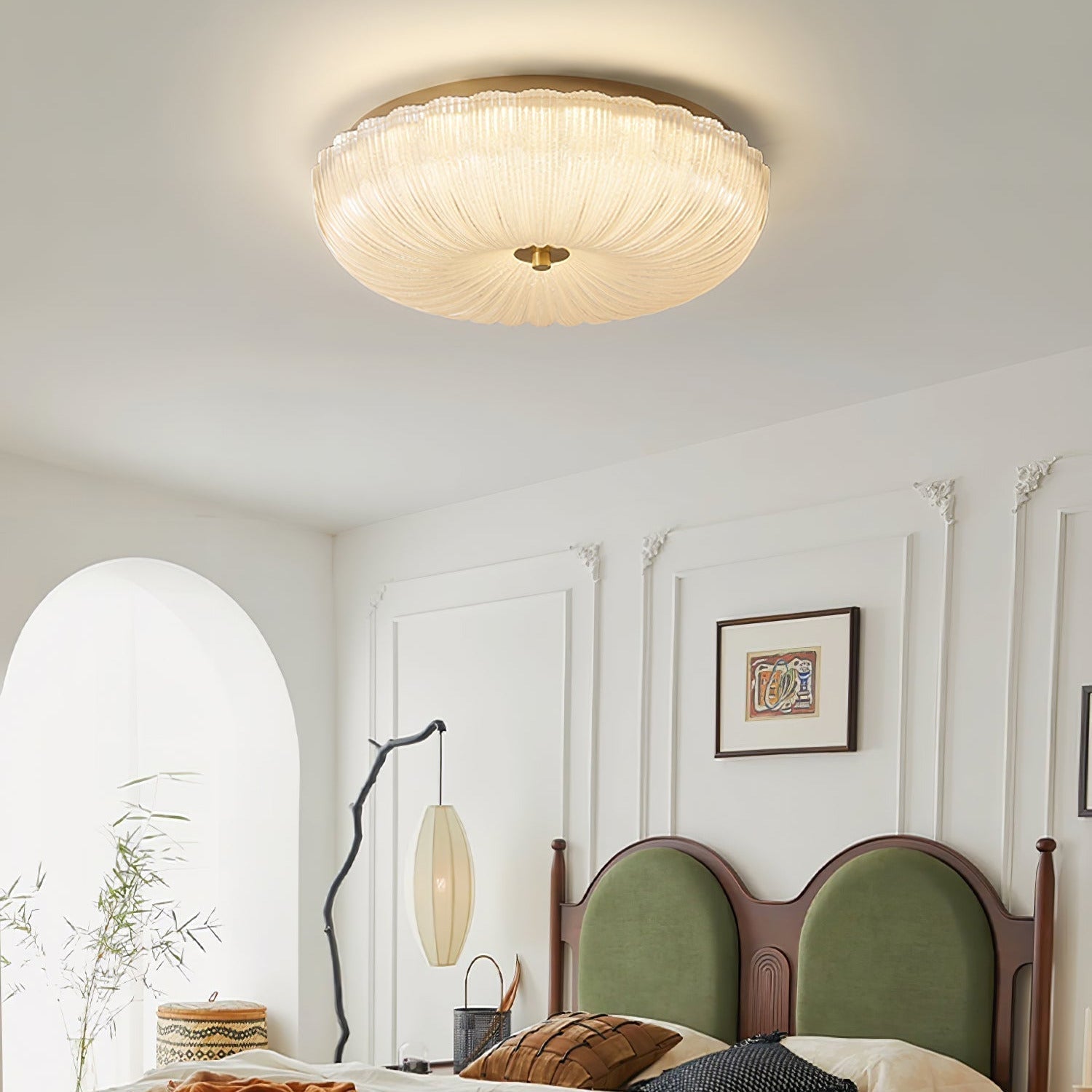 Lampa Sufitowa Art Deco z Ryflowanym Kloszem Szklanym