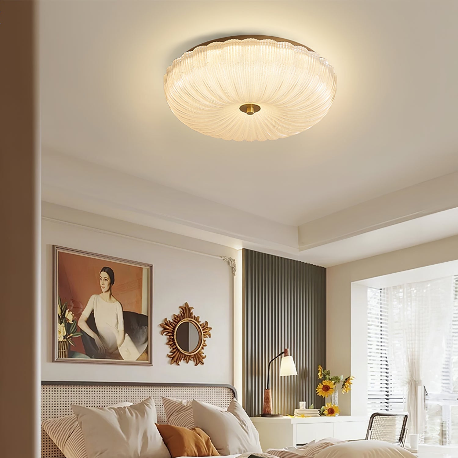 Lampa Sufitowa Art Deco z Ryflowanym Kloszem Szklanym