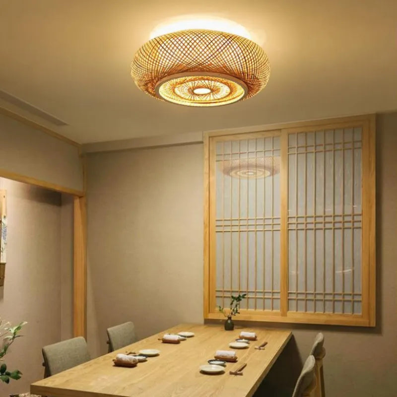 Lampa Sufitowa Boho z Rattanu z Okrągłym Kloszem