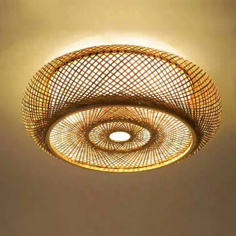 Lampa Sufitowa Boho z Rattanu z Okrągłym Kloszem
