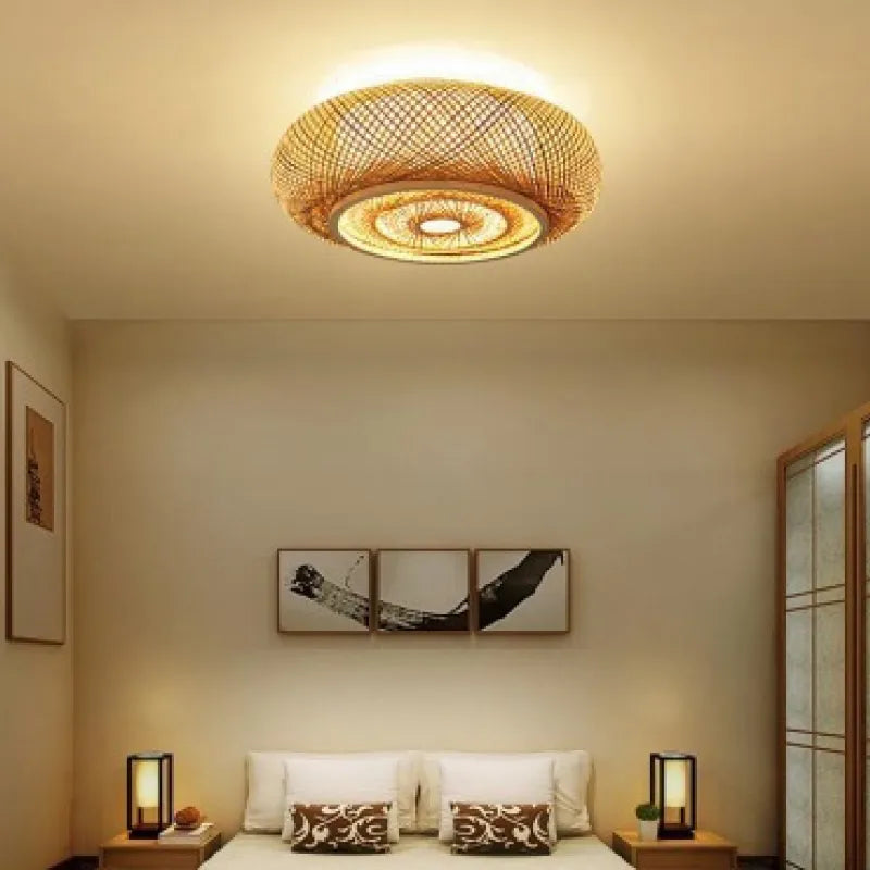 Lampa Sufitowa Boho z Rattanu z Okrągłym Kloszem