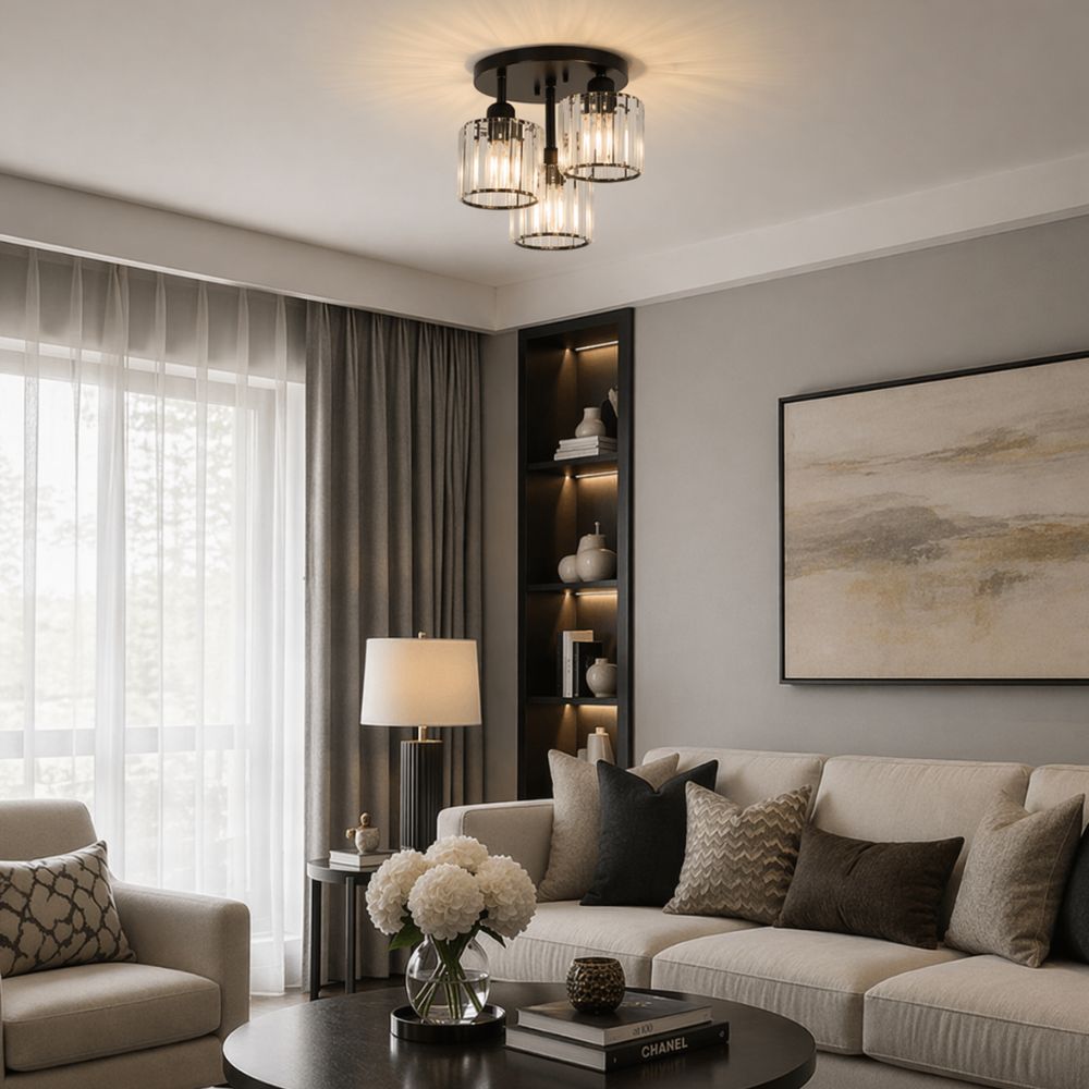 Lampa Sufitowa Glamour z Kryształowymi Kloszami i Trzema Punktami Światła