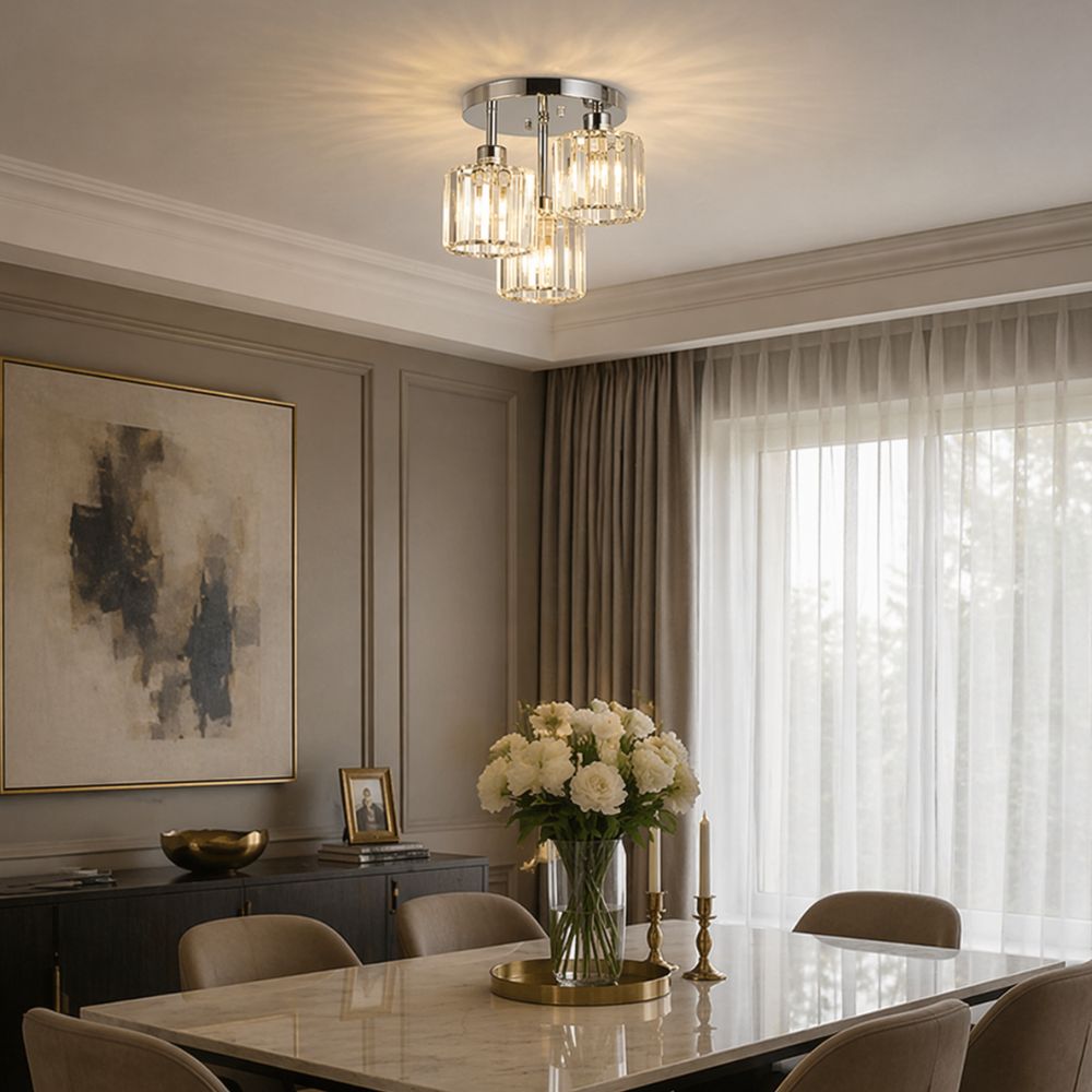 Lampa Sufitowa Glamour z Kryształowymi Kloszami i Trzema Punktami Światła