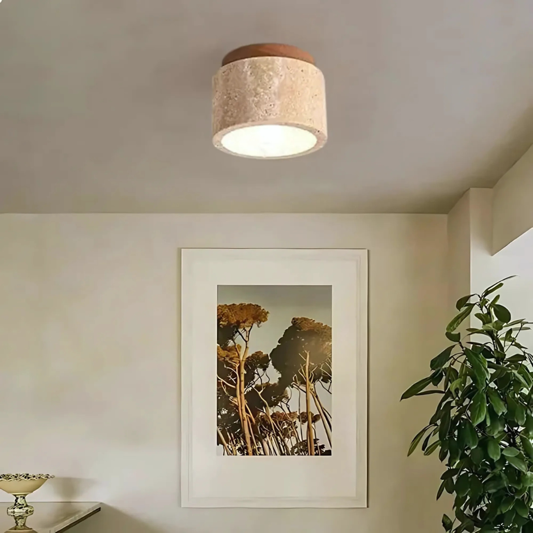Lampa Sufitowa Japandi z Okrągłym Kloszem ze Strukturą Kamienia