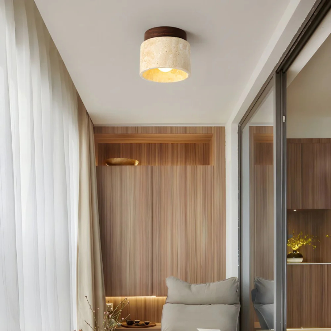 Lampa Sufitowa Japandi z Okrągłym Kloszem ze Strukturą Kamienia