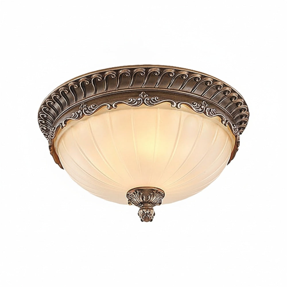 Lampa Sufitowa Retro z Kloszem Szklanym i Ornamentową Oprawą
