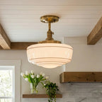 Lampa Sufitowa Retro z Mlecznym Kloszem w Paski na Złotym Stelażu ##POS:11##