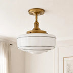 Lampa Sufitowa Retro z Mlecznym Kloszem w Paski na Złotym Stelażu