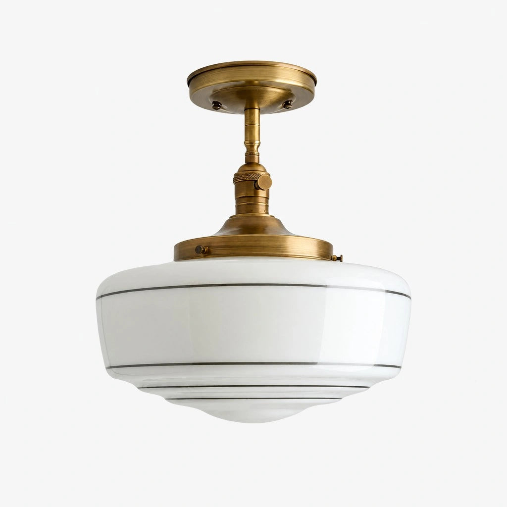 Lampa Sufitowa Retro z Mlecznym Kloszem w Paski na Złotym Stelażu